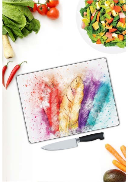 Renkli Tüyler | Cam Kesme Tahtası | 25 x 35 cm modelleri