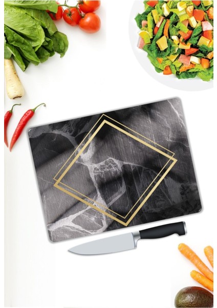 Siyah Mermer Görünümlü | Cam Kesme Tahtası | 25 x 35 cm