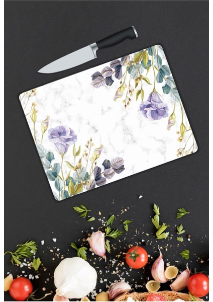 Beyaz Mermer Görünümlü | Cam Kesme Tahtası | 25 x 35 cm