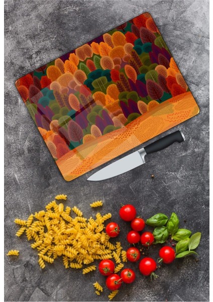 Renkli Ağaçlar Cam Kesme Tahtası 25 x 35 cm