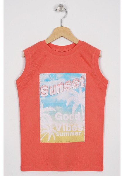 Sunset Baskılı Nar Çiçeği Renk Sıfır Kol Erkek Çocuk Tshirt