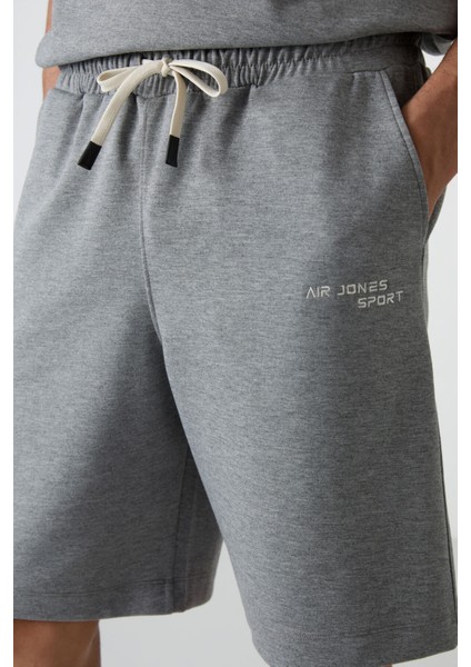 Gri Melanj Pamuklu Kalın Yumuşak Dokulu Oversize Fit Nakışlı Erkek Şort Takım - 85250