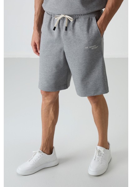 Gri Melanj Pamuklu Kalın Yumuşak Dokulu Oversize Fit Nakışlı Erkek Şort Takım - 85250