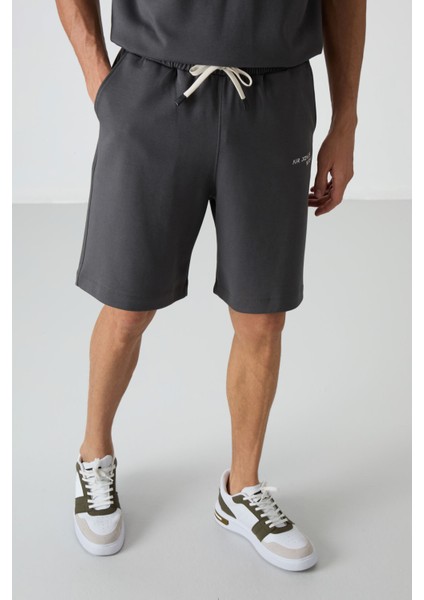 Haki Pamuklu Kalın Yumuşak Dokulu Oversize Fit Nakışlı Erkek Şort Takım - 85250