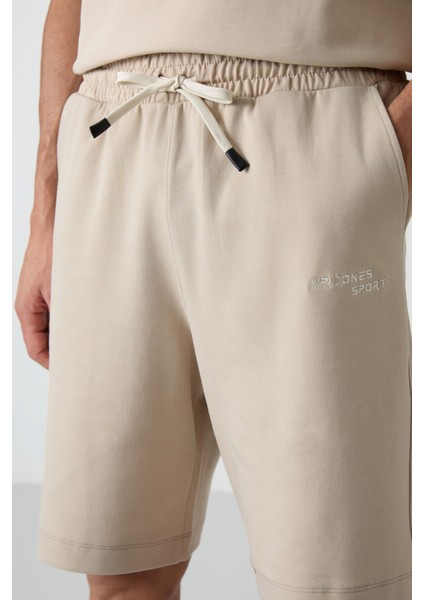 Bej Pamuklu Kalın Yumuşak Dokulu Oversize Fit Nakışlı Erkek Şort Takım - 85250