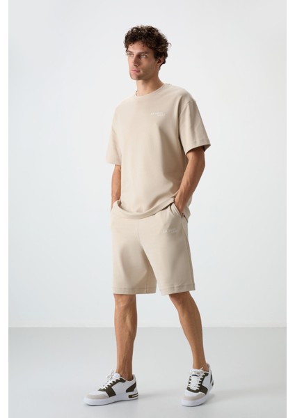 Bej Pamuklu Kalın Yumuşak Dokulu Oversize Fit Nakışlı Erkek Şort Takım - 85250