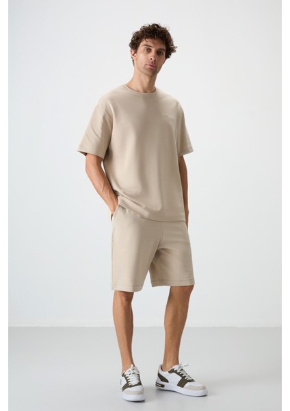 Bej Pamuklu Kalın Yumuşak Dokulu Oversize Fit Nakışlı Erkek Şort Takım - 85250 fırsatları