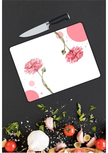 Pembe Çiçek Cam Kesme Tahtası 25 x 35 cm