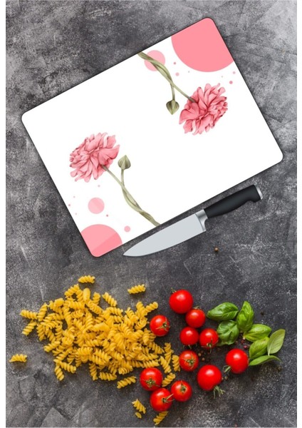 Pembe Çiçek Cam Kesme Tahtası 25 x 35 cm modelleri