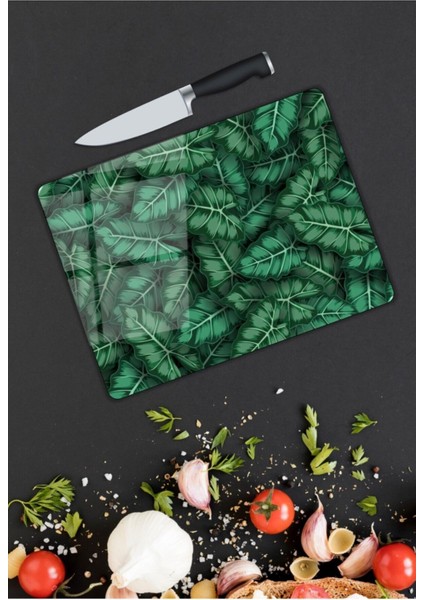Yeşil Yapraklar Cam Kesme Tahtası 25 x 35 cm