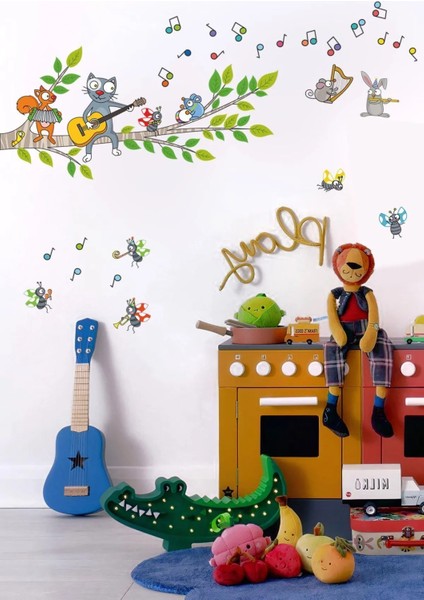Ağaçlı Müzik Orkestrası ve Gitar Çalan Kedi Çocuk Odası 100 Parça Duvar Sticker Seti