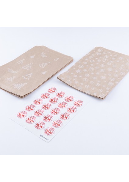 20 Adet Çam ve Kar Desenli Kese Kağıdı 18 x 30 cm ve Kırmızı Happy New Year Stickerdan Oluşan Set