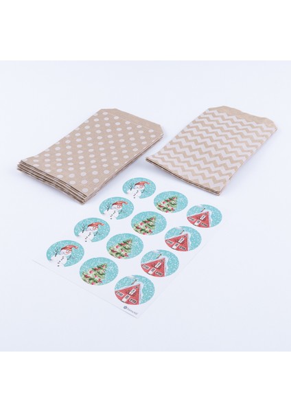20 Adet Puantiye ve Zikzak Desenli Kese Kağıdı 18 x 30 cm ve Çiçekli Yılbaşı Şekilli Stickerdan Oluşan Set
