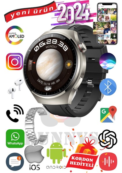 Samsung Galaxy M42 Uyumlu Akıllı Saat Erkekler İçin Konuşma Özellikli Metal Kordon Hediyeli