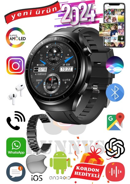Samsung Galaxy M62 Uyumlu Akıllı Saat Erkekler İçin Konuşma Özellikli Metal Kordon Hediyeli