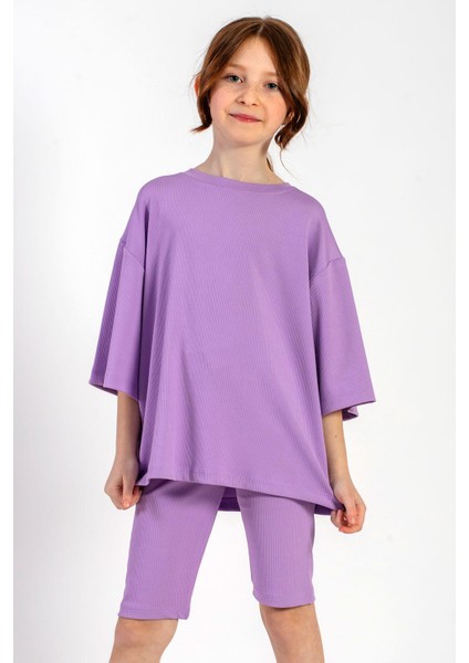 Bisiklet Yaka Kısa Kol Fıtıllı Oversıze Taytlı Lıla Renk Kız Cocuk Taytlı Takım