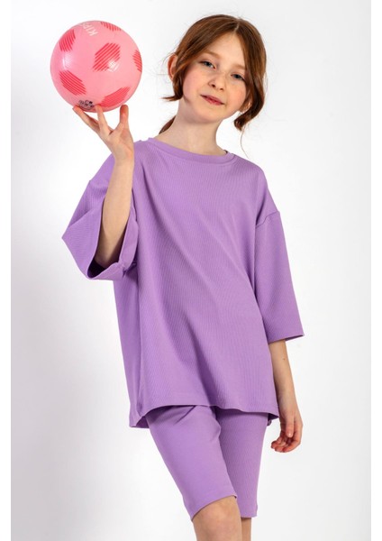 Bisiklet Yaka Kısa Kol Fıtıllı Oversıze Taytlı Lıla Renk Kız Cocuk Taytlı Takım modelleri
