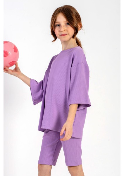 Bisiklet Yaka Kısa Kol Fıtıllı Oversıze Taytlı Lıla Renk Kız Cocuk Taytlı Takım fırsatları