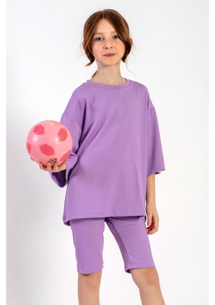 Bisiklet Yaka Kısa Kol Fıtıllı Oversıze Taytlı Lıla Renk Kız Cocuk Taytlı Takım indirimleri