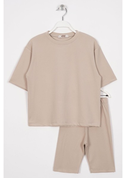 Bisiklet Yaka Kısa Kol Fıtıllı Oversıze Taytlı Bej Renk Kız Cocuk Taytlı Takım
