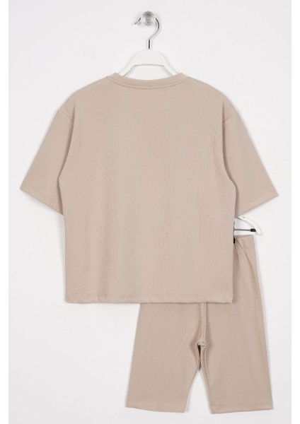 Bisiklet Yaka Kısa Kol Fıtıllı Oversıze Taytlı Bej Renk Kız Cocuk Taytlı Takım fiyatları