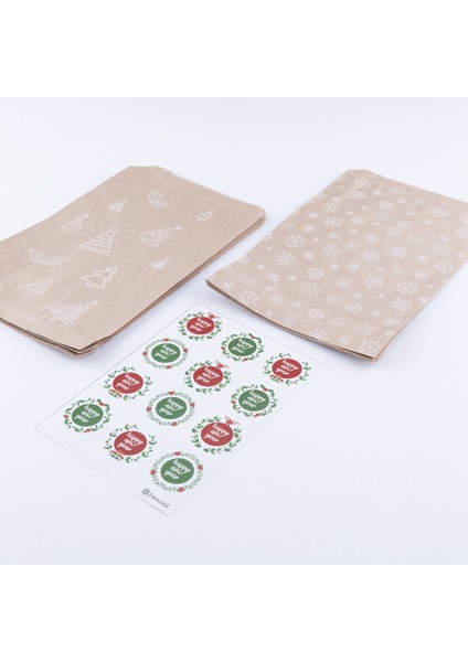 20 Adet Çam ve Kar Desenli Kese Kağıdı 18 x 30 cm ve Happy New Year Stickerdan Oluşan Set