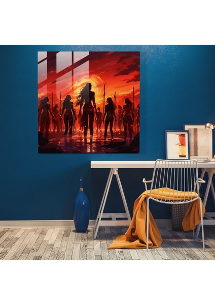 Amazon Kadınları Cam Baskı - Amazon Kadınları, Cam Duvar Sanatı, Cam Sanatı, Ateşli Fon, 40X40 fiyatları