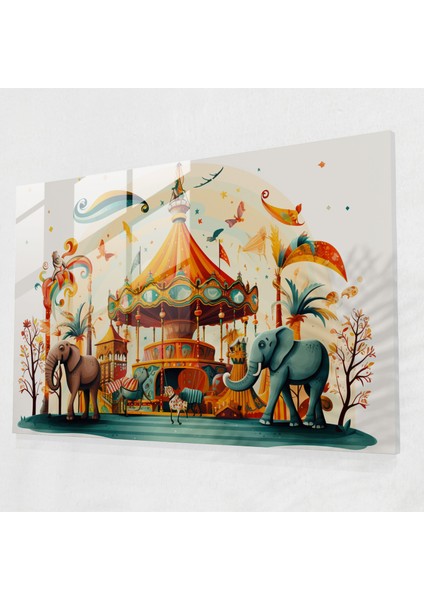 Eğlenceli Sirk Atlıkarınca Cam Baskı - Sirk, Kaprisli Illüstrasyon, Sevinç, Cam Baskı, 45X30