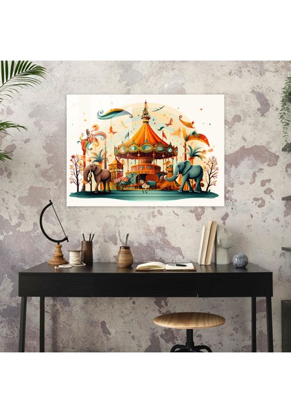 Eğlenceli Sirk Atlıkarınca Cam Baskı - Sirk, Kaprisli Illüstrasyon, Sevinç, Cam Baskı, 45X30 fiyatları