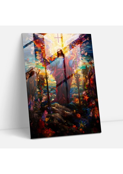 Kilise Camı Baskı: Çarmıhtaki Isa Renkli Vitray Sanatı - Kilise, Kilise Camı Baskı, Modern Sanat, Vitray, 30X45