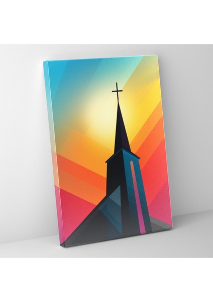 Kilise Kanvas Tablo - Siluet Minimalist Duvar Tablosu - Kilise, Kanvas Tablo, Renkli Soyut Arka Plan, Kanvas, 30X50