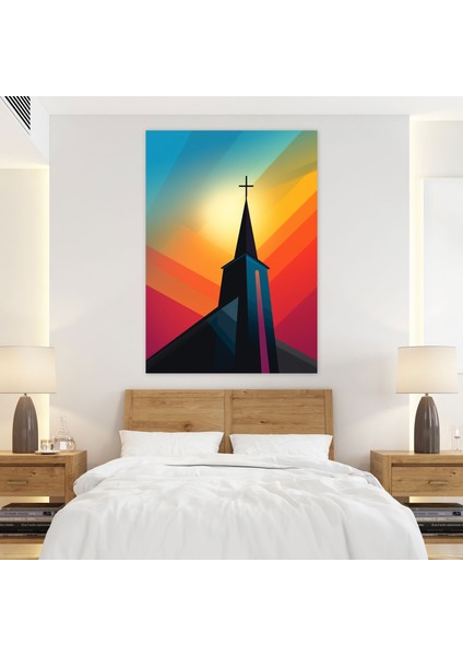 Kilise Kanvas Tablo - Siluet Minimalist Duvar Tablosu - Kilise, Kanvas Tablo, Renkli Soyut Arka Plan, Kanvas, 30X50 fiyatları