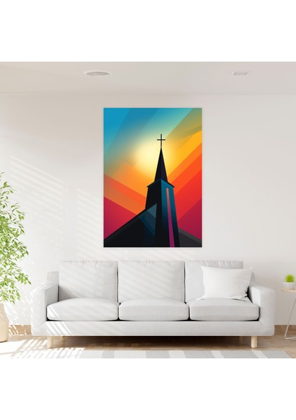 Kilise Kanvas Tablo - Siluet Minimalist Duvar Tablosu - Kilise, Kanvas Tablo, Renkli Soyut Arka Plan, Kanvas, 30X50 modelleri