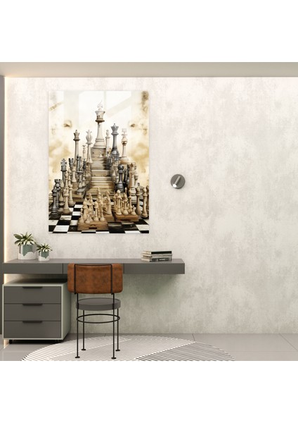 Satranç Modern Sanat Cam Baskı - Satranç, Cam Baskı, Çağdaş Kolaj Sanat Eseri, Duvar Süslemesi, 30X45