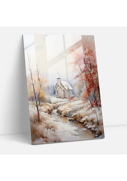Kilise Camı Baskı: Kırsal Serenity - Kilise, Suluboya Tablo, Kilise, Cam Baskı, 30X45