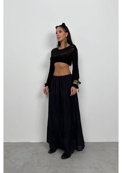 Black Fashion Bel Lastikli Maxi Etek