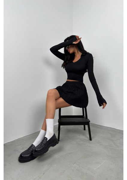 V Yaka Korsaj Detay Triko Bluz fırsatları