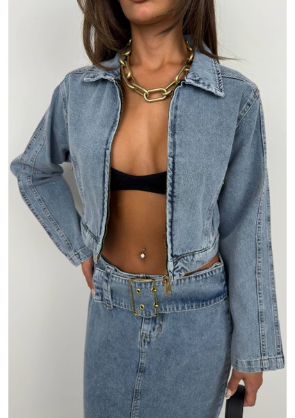 Fermuar Detay Denim Ceket modelleri