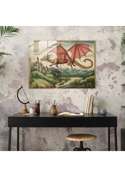 Ortaçağ Ejderha Cam Baskı - Ortaçağ, Büyü, Ev Dekorasyonu, Ortaçağ, 45X30