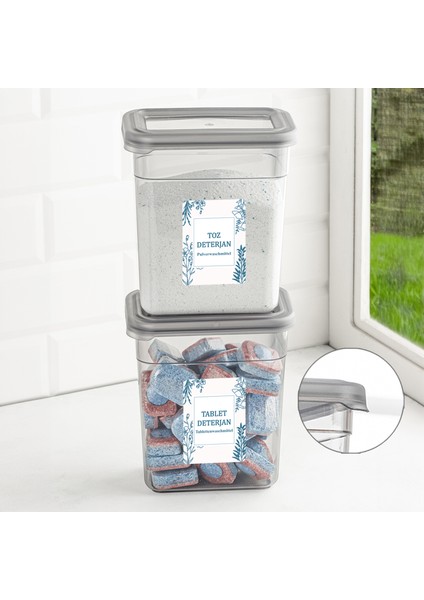 2'li Etiketli Deterjan Saklama Kabı Seti - Hava Geçirmez Kapaklı Saklama Kutusu - 2 x 1100 ml