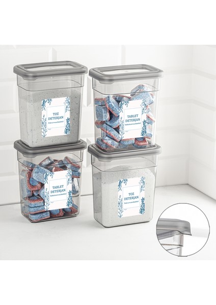 4'lü Etiketli Deterjan Saklama Kabı Seti - Hava Geçirmez Kapaklı Saklama Kutusu - 4 x 1100 ml