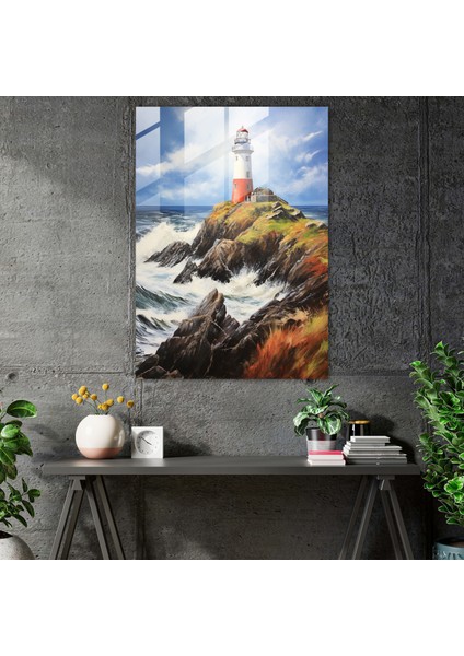 Gerçekçi Deniz Feneri Cam Baskı - Deniz Feneri, Ev Dekorasyonu, Engebeli Sahil Şeridi, Cam Sanatı, 50X70 modelleri