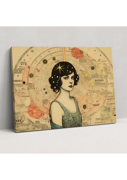 Burç Astrolojik Kolaj Duvar Sanatı - Burç, El Yazısı Notlar, Vintage Kolaj, Antik Illüstrasyonlar, 50X30