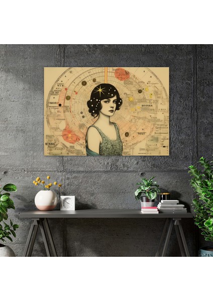 Burç Astrolojik Kolaj Duvar Sanatı - Burç, El Yazısı Notlar, Vintage Kolaj, Antik Illüstrasyonlar, 50X30