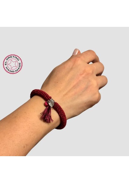 El Yapımı Iri Kum Boncuklu Bileklik Püsküllü - Bordo