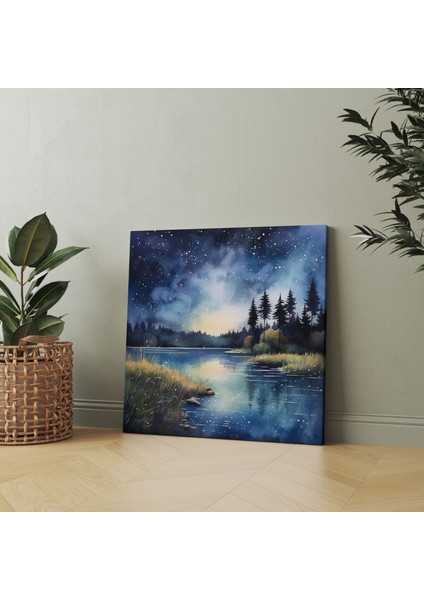 Lacivert Gece Gökyüzü Kanvas Tablo - Lacivert, Huzur, Ev Dekorasyonu, Sakin Göl, 30 x 30 cm fiyatları