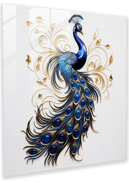 Majestic Feathers Cam Duvar Tablosu - Lacivert, Ev Dekorasyonu, Lacivert, Tavuskuşu, 30X30 cm