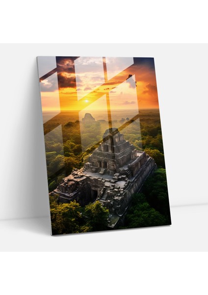Maya Cam Duvar Sanatı: Harabelerin Havadan Görünümü - Maya, Ev Dekorasyonu, Cam Duvar Sanatı, Gün Batımı, 30X45