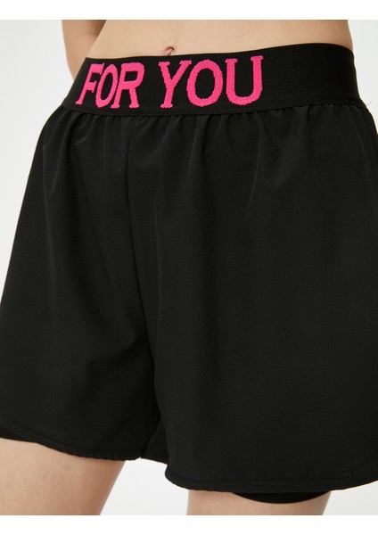 Taytlı Spor Şort Slogan Baskılı Beli Lastikli Slim Fit