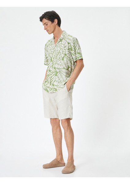 Desenli Gömlek Çiçekli Devrik Yaka Cep Detaylı Keten Karışımlı